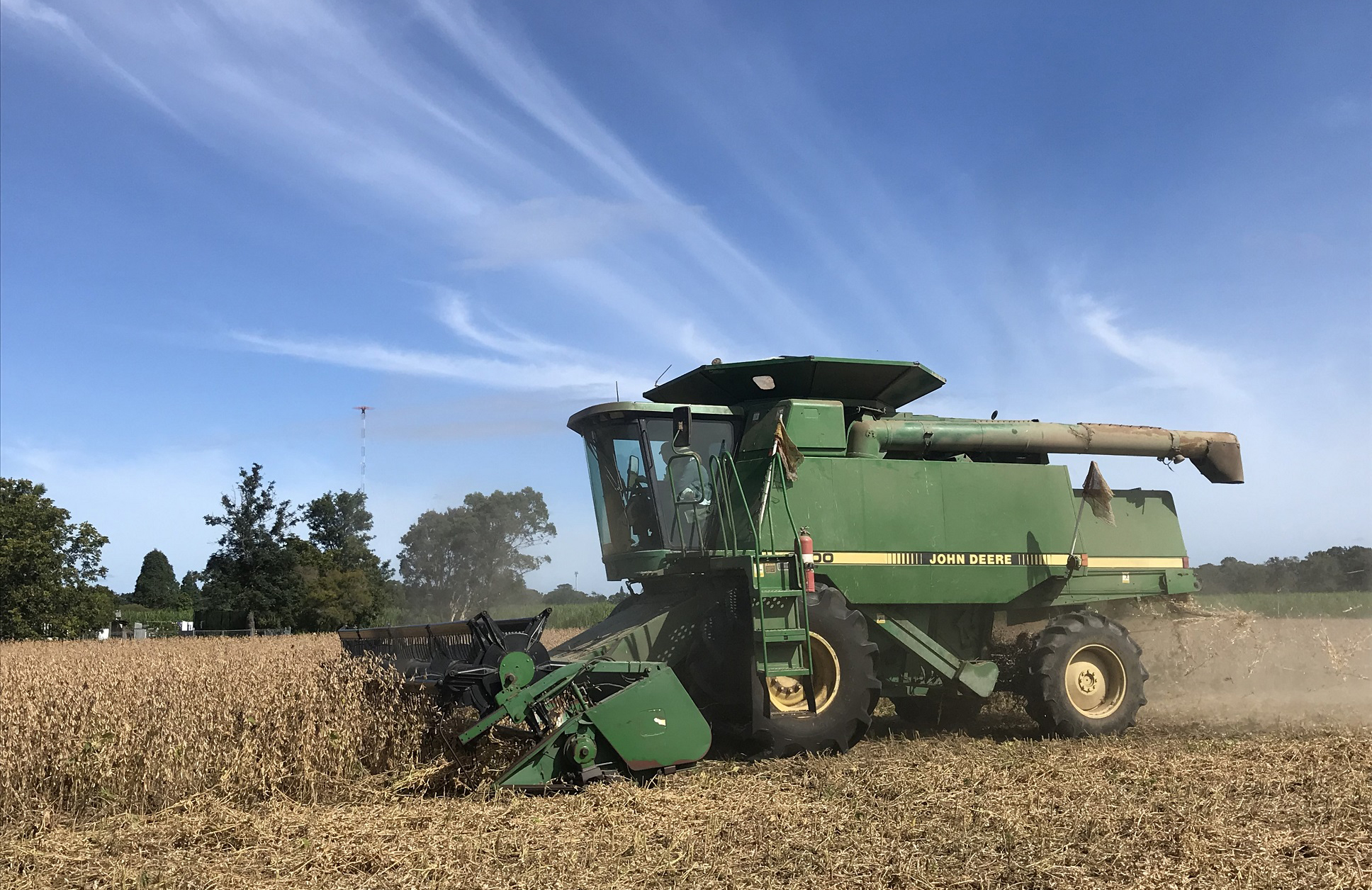 A harvesting machine harvesting soy beans