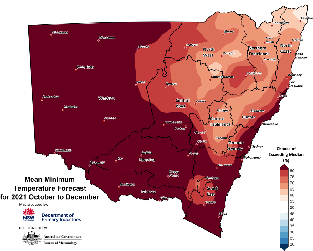 Figure 28. Seasonal minimum temperature outlook for NSW issued on 30 September 2021