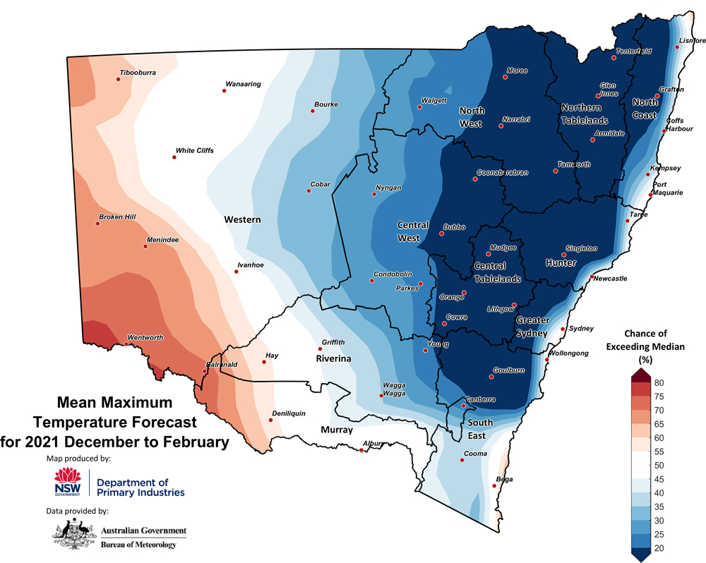 Figure 27. Seasonal average maximum temperature outlook for NSW issued on 02 December November 2021