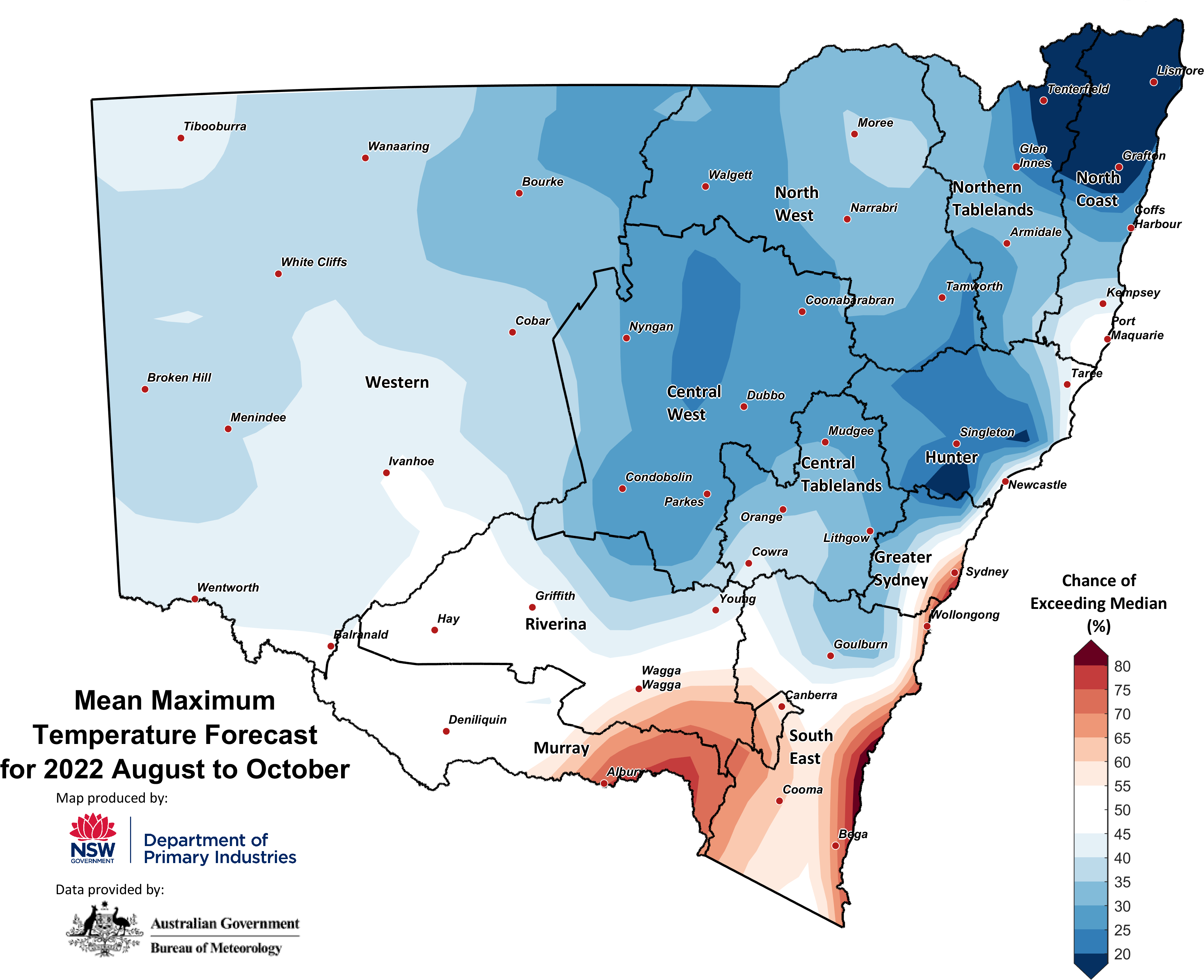 Figure 27. Seasonal average maximum temperature outlook for NSW issued on 28 July 2022