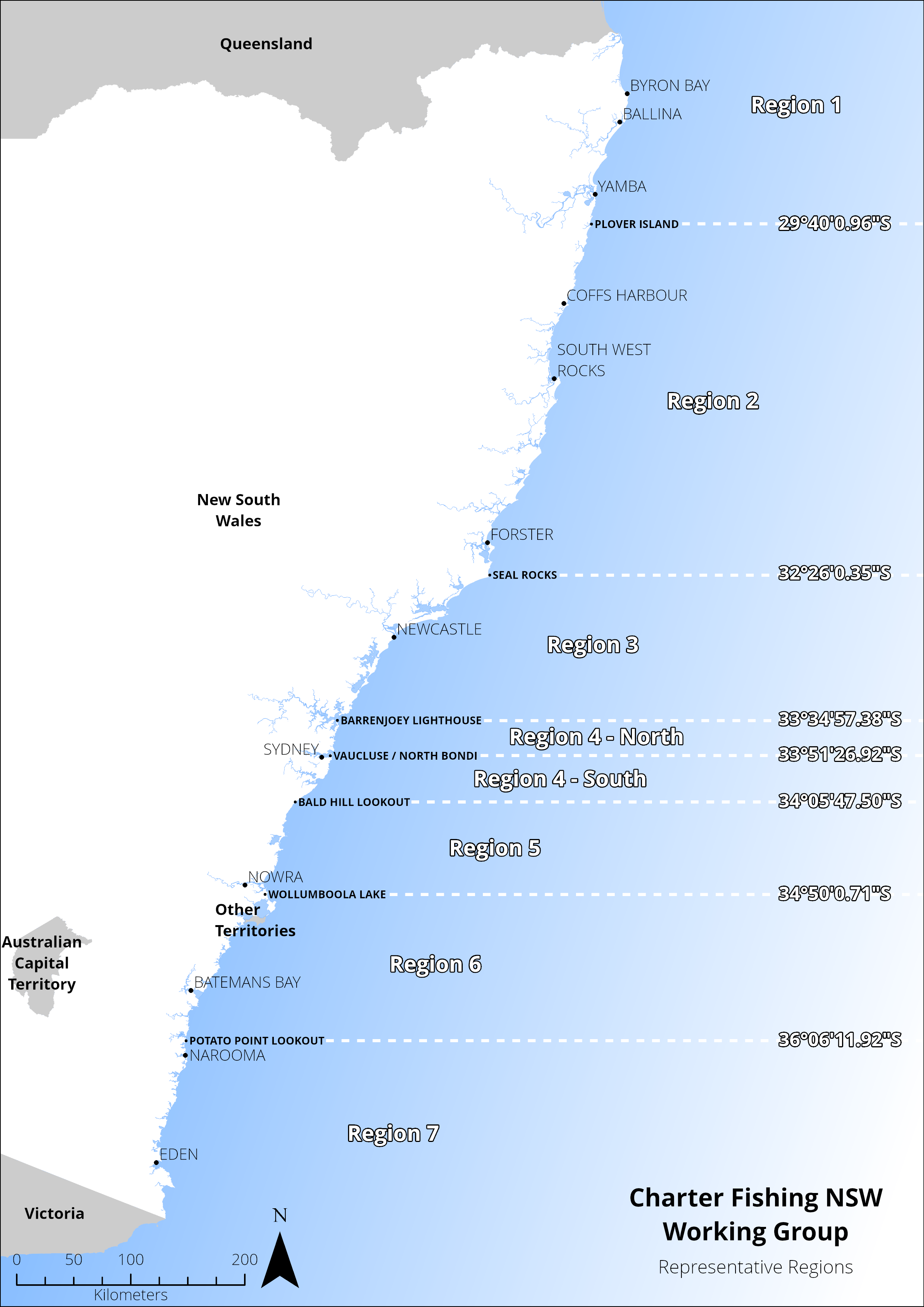 Map of Charter Fishing NSW Working Group Representative Regions