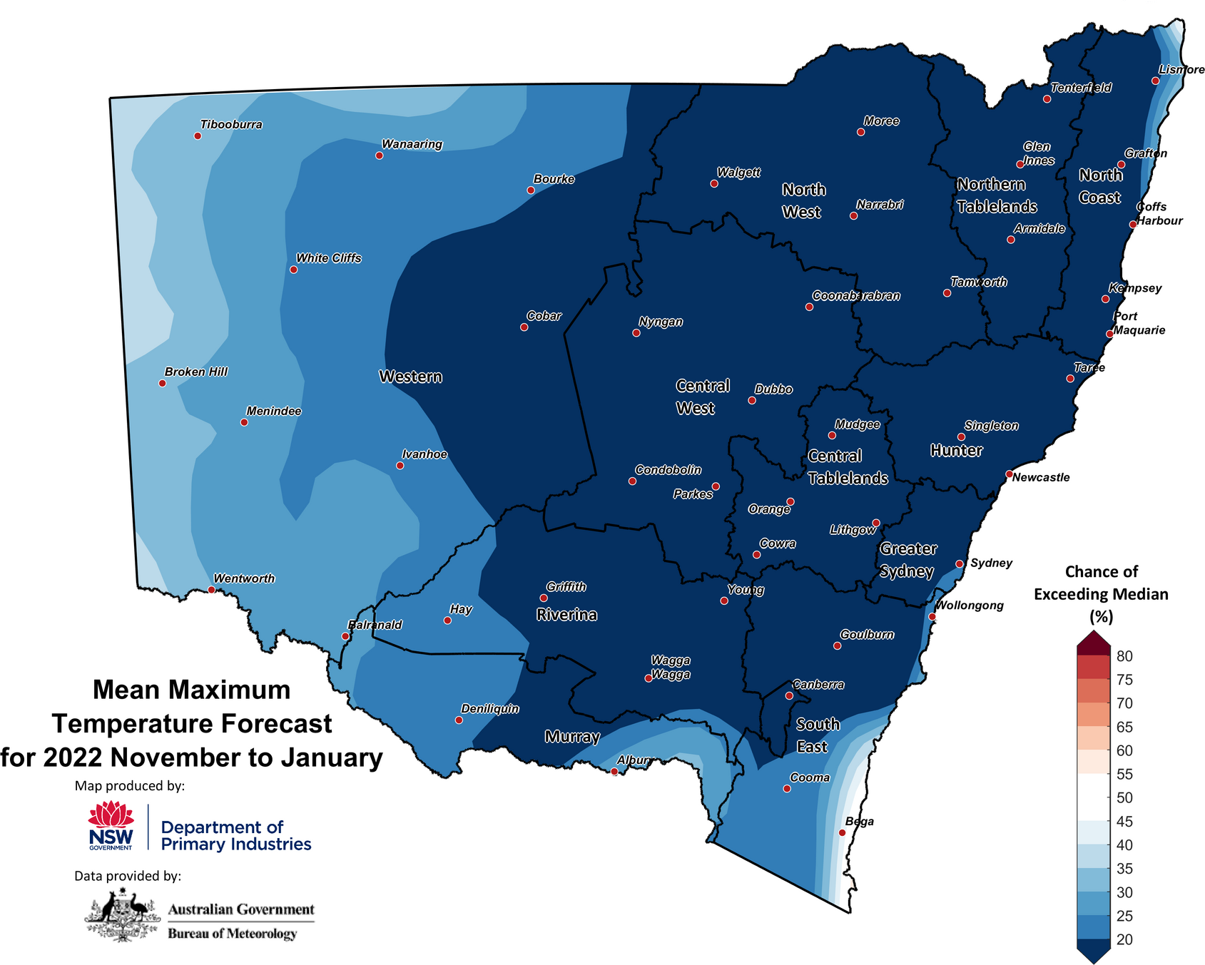Figure 27. Seasonal average maximum temperature outlook for NSW issued on 28 October 2022