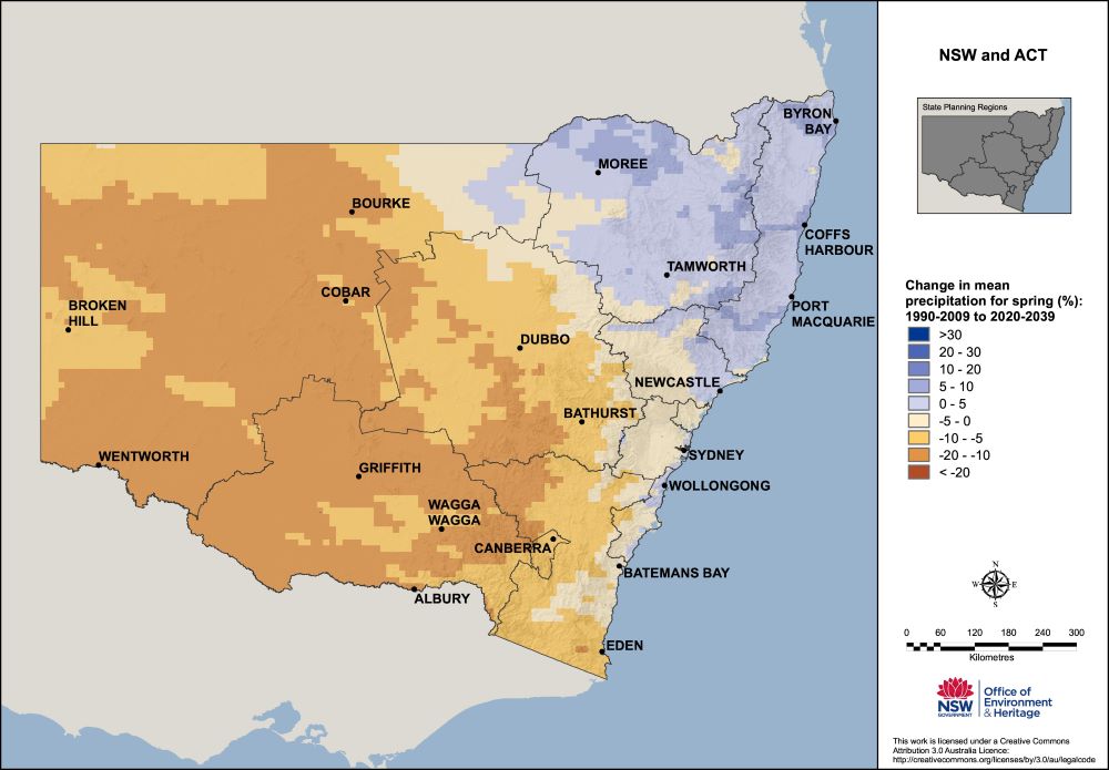 Map indicating increased rainfall in NSW in spring.