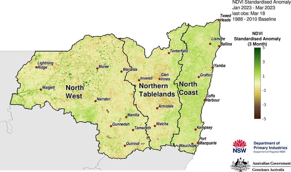 Figure 25. 3-month NDVI anomaly map for the North West, Northern Tableland and North Coast regions