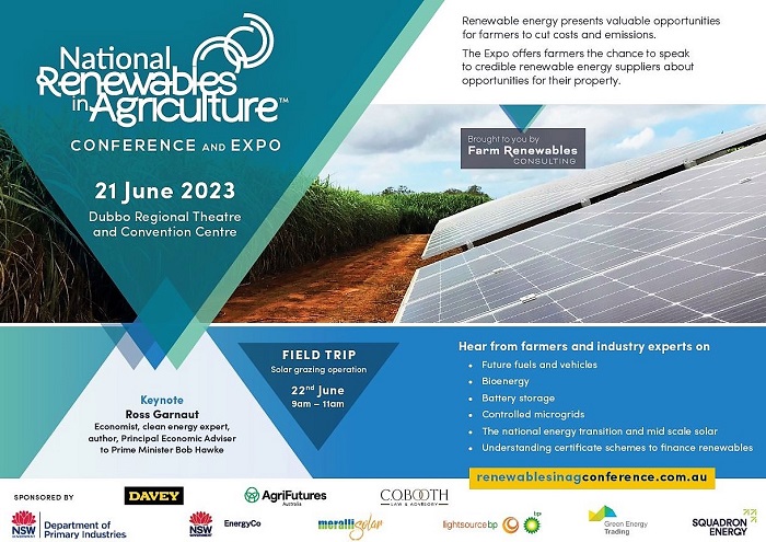 flyer ad for renewables conference with solar panels next to green crop