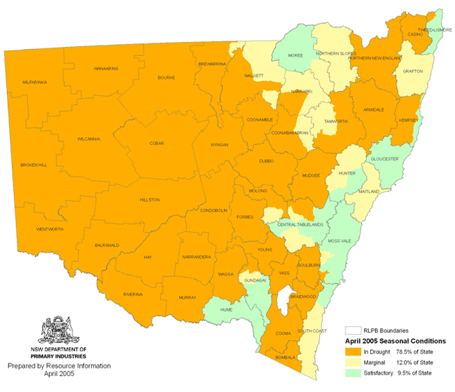 Map showing areas of NSW suffering drought conditions as at April 2005