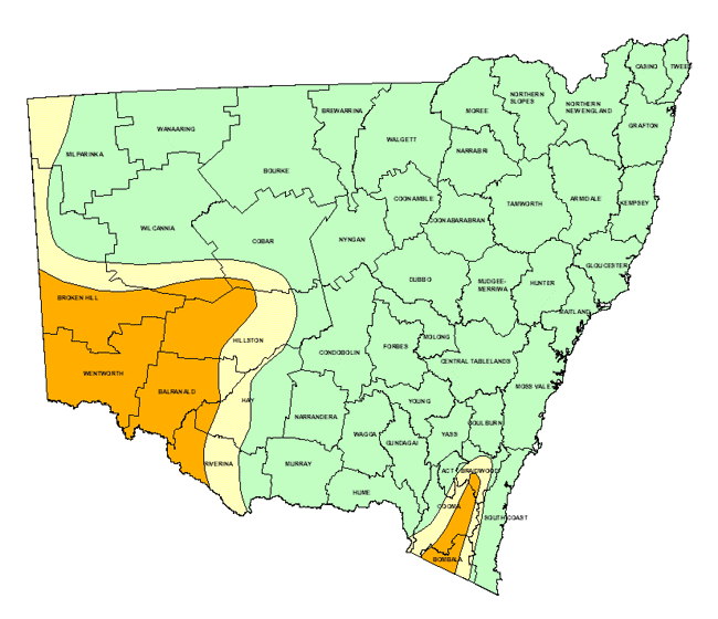 Map showing areas of NSW suffering drought conditions as at September 1998
