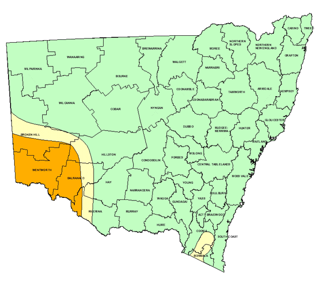 Map showing areas of NSW suffering drought conditions as at December 1998