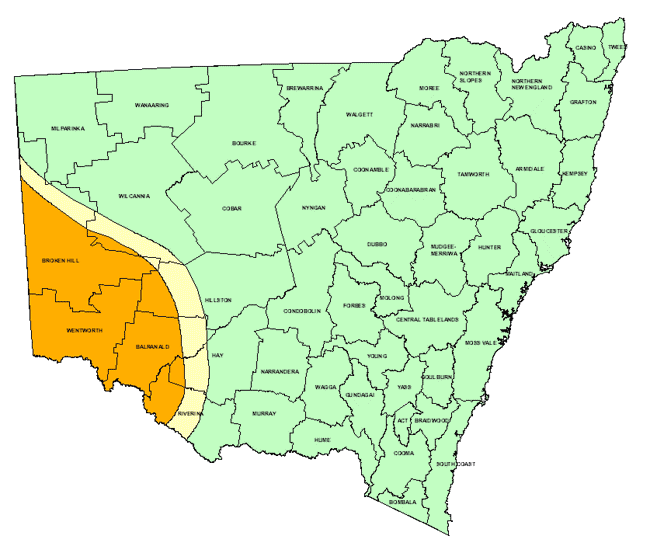 Map showing areas of NSW suffering drought conditions as at March 1999