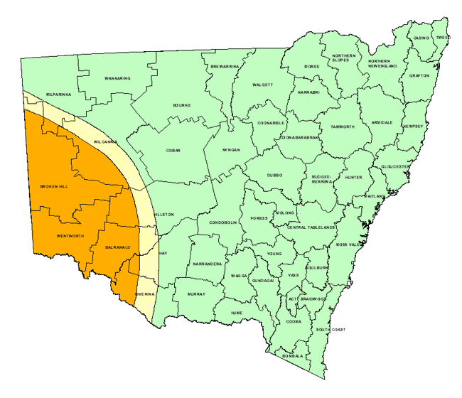 Map showing areas of NSW suffering drought conditions as at June 1999