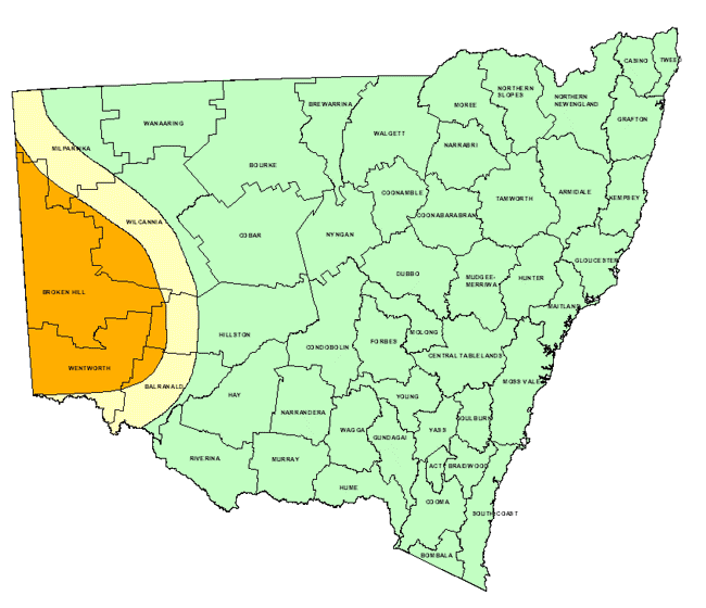 Map showing areas of NSW suffering drought conditions as at September 1999