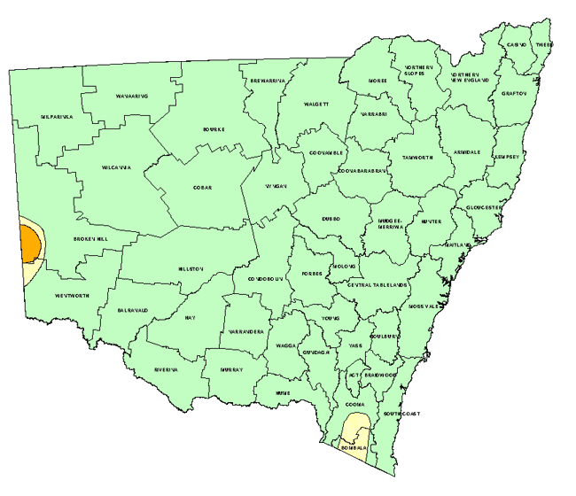 Map showing areas of NSW suffering drought conditions as at March 2000