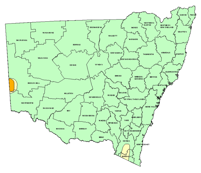 Map showing areas of NSW suffering drought conditions as at June 2000