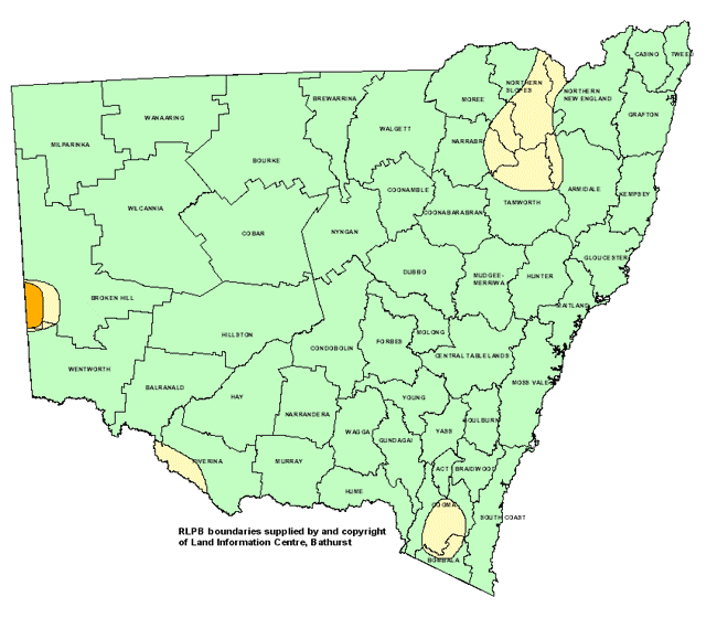 Map showing areas of NSW suffering drought conditions as at September 2000