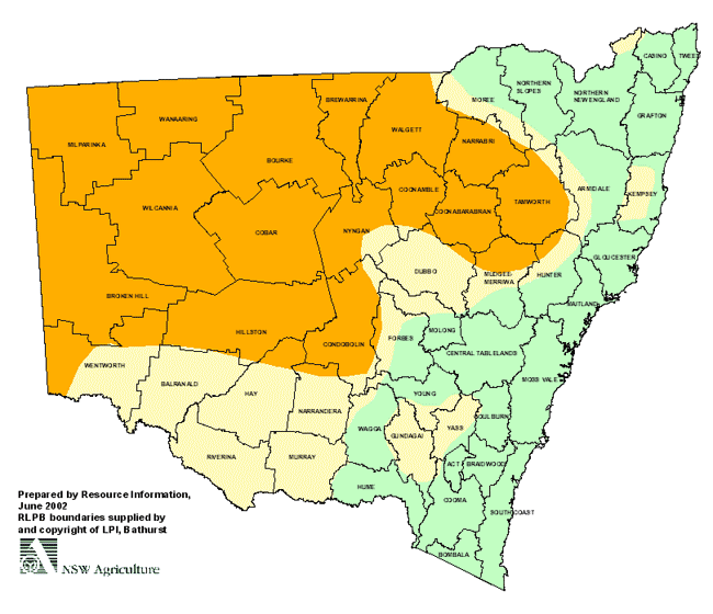 Map showing areas of NSW suffering drought conditions as at May 2002