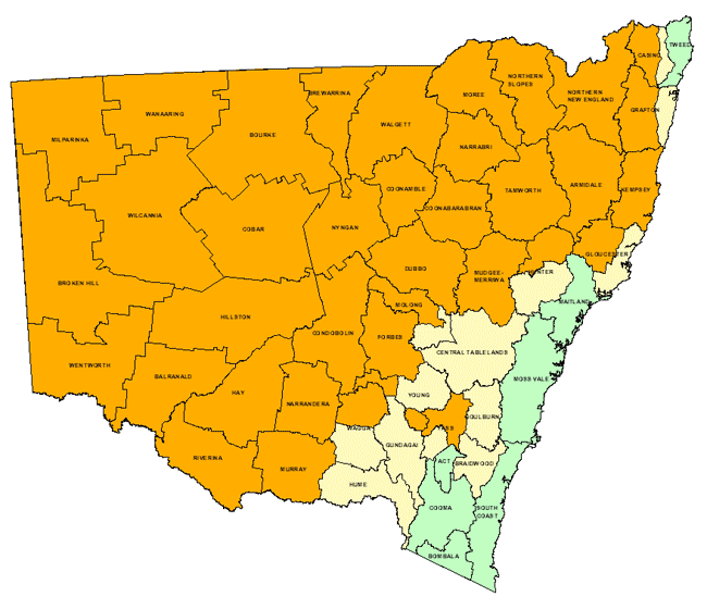 Map showing areas of NSW suffering drought conditions as at August 2002