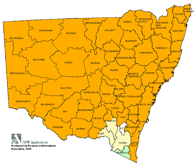 Map showing areas of NSW suffering drought conditions as at November 2002