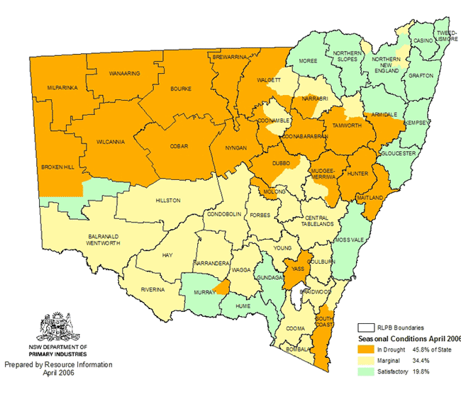 Map showing areas of NSW suffering drought conditions as at April 2006