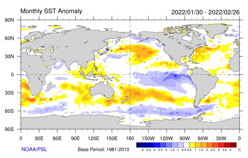Monthly SST Anomaly 30 January 2022 to 26 February 2022