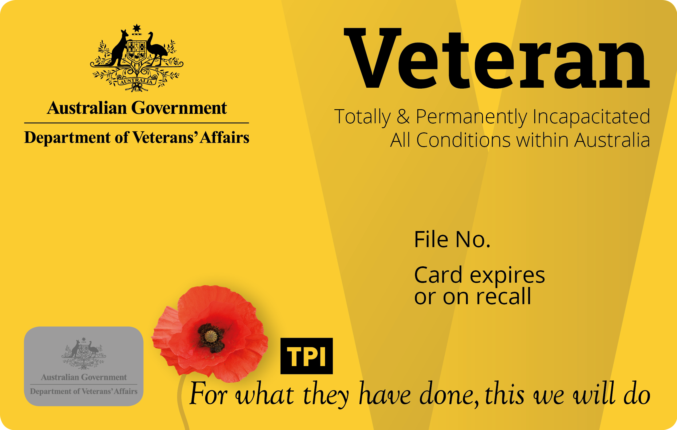 Commonwealth Department of Veterans' Affairs Gold Treatment Card endorsed "Totally and Permanently Incapacitated"