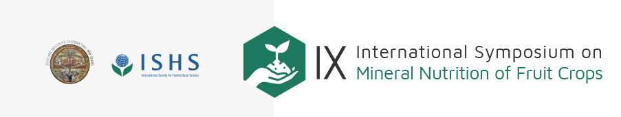 Logo for internation symposium on mineral nutrition of fruit crops showing graphic of white hand holding plant on green background