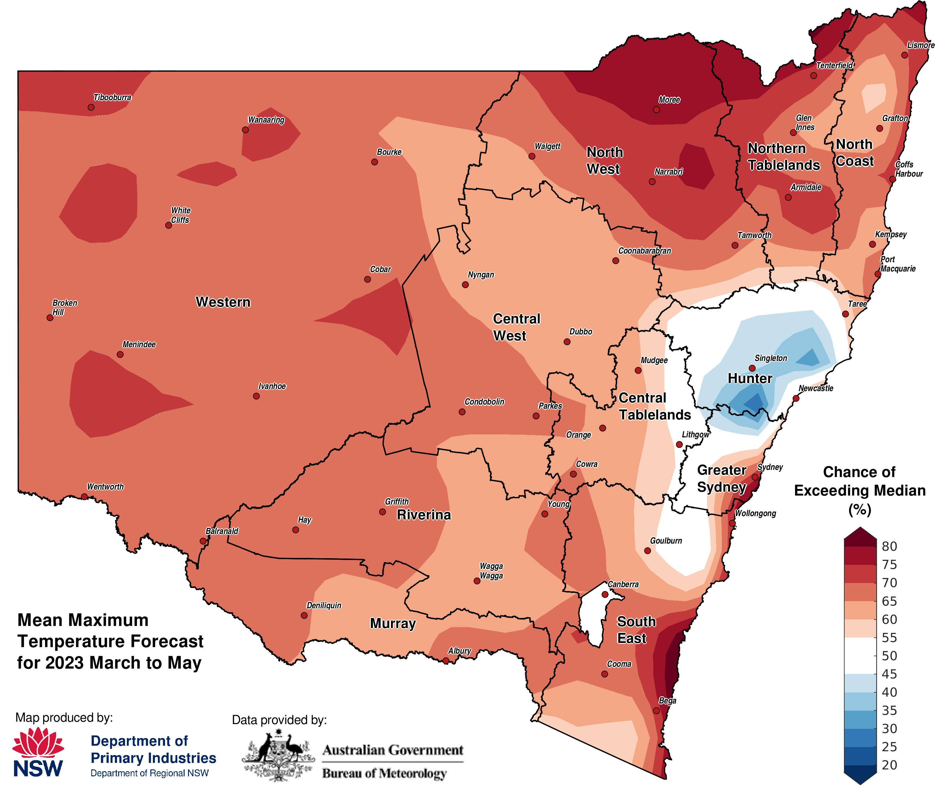 Figure 27. Seasonal average maximum temperature outlook for NSW issued on 9 February 2023
