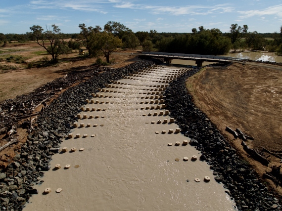 An aerial view of Toorale fishway showing the curved channel and uniform ridge rock elements formed from concrete.