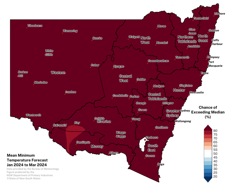 Figure 12. Seasonal average minimum temperature outlook for NSW issued on 4 January 2024