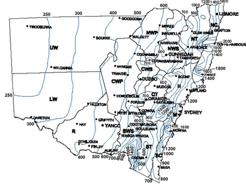 Figure F1. Map of NSW showing climatic zones and isohyets