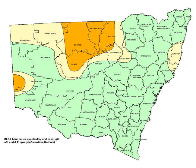 Map showing areas of NSW suffering drought conditions as at October 2001