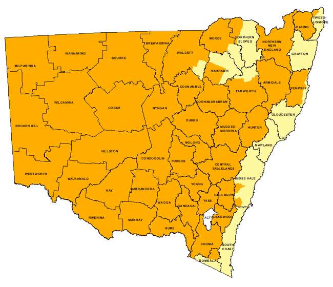 Map showing areas of NSW suffering drought conditions as at June 2003