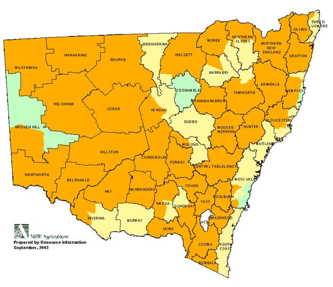 Map showing areas of NSW suffering drought conditions as at September 2003