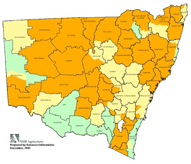 Map showing areas of NSW suffering drought conditions as at December 2003