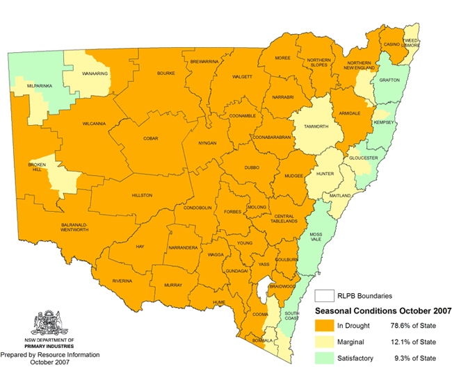  Map showing areas of NSW suffering drought conditions as at October 2007