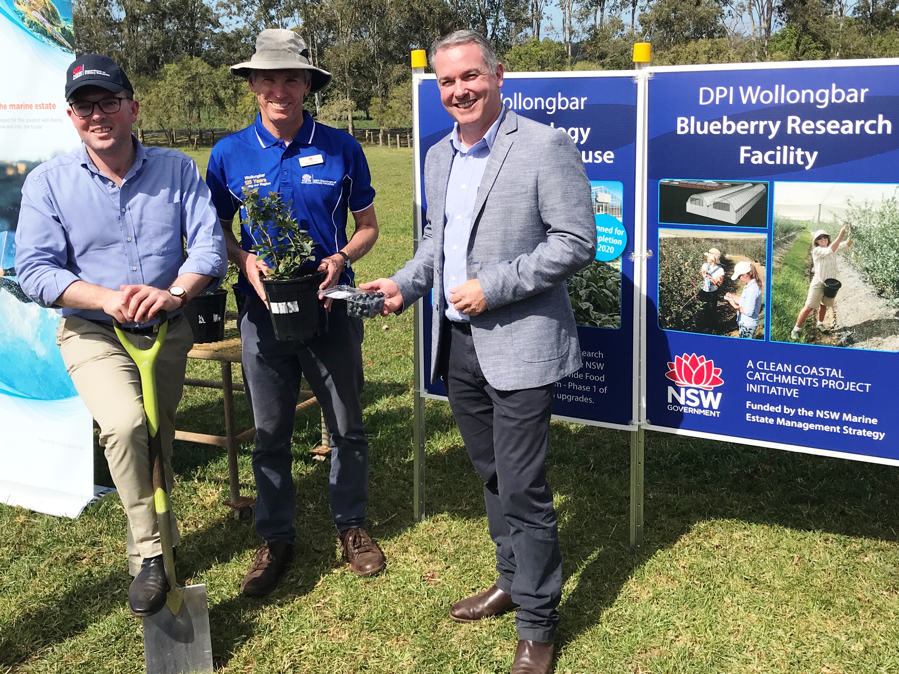 NSW Minister for Agriculture Adam Marshall, Wollongbar Institute Director Mark Hickey and DPI DG Scott Hansen turn the first sod on construction of new DPI Wollongbar Blueberry Research Facility
