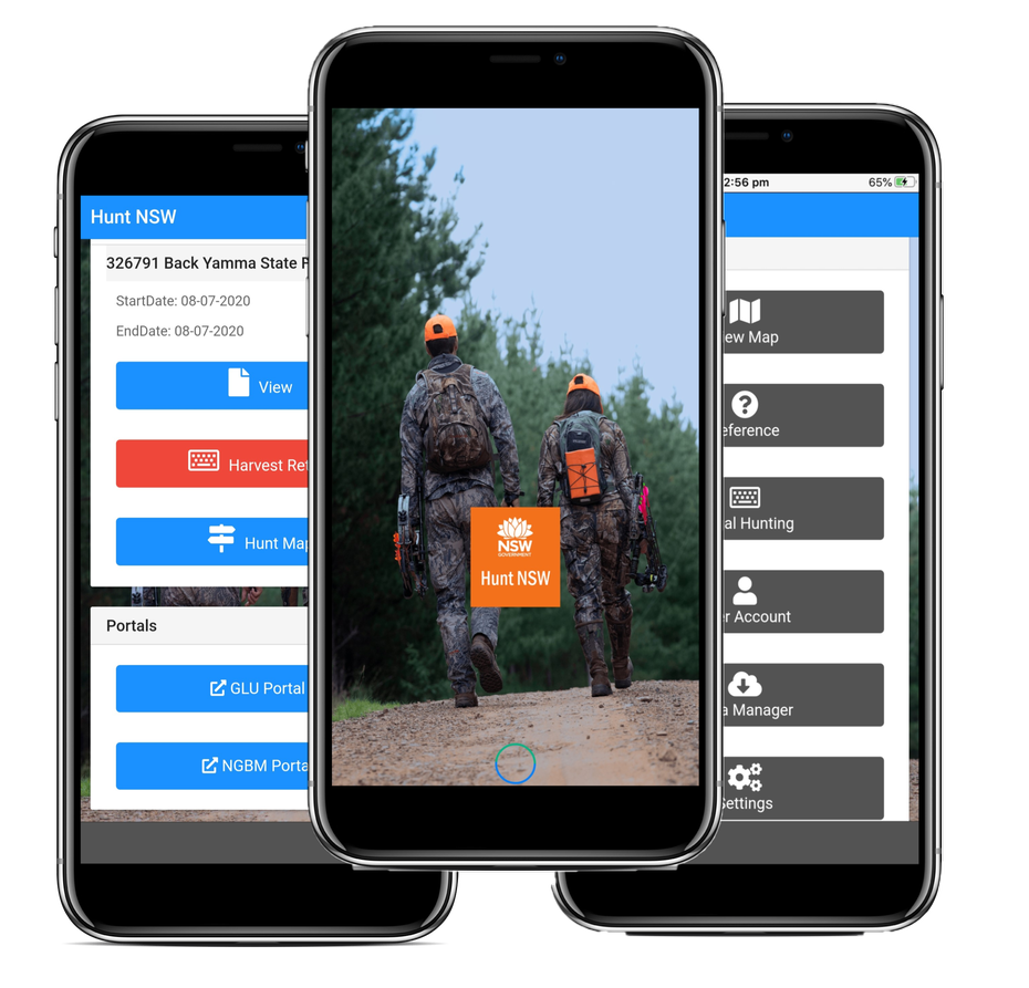 Hunt NSW app screens displayed on phones