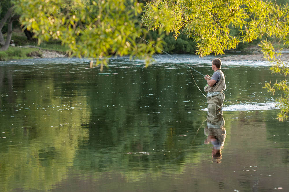 Man standing and fishing in a river