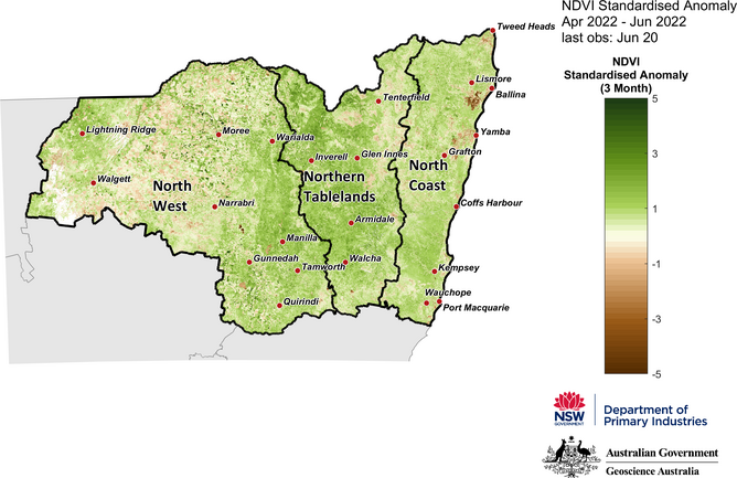 Figure 18. 3-month NDVI anomaly map for the North West, Northern Tableland and North Coast regions