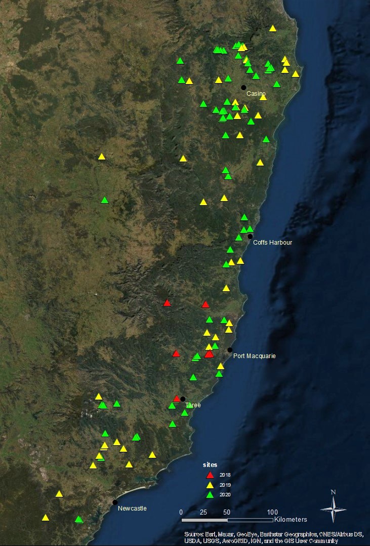 Distribution of sites used in the original snapshot survey (Law et al. 2022). Triangles: 2018 (red), 2019 (yellow), 2020 (green).