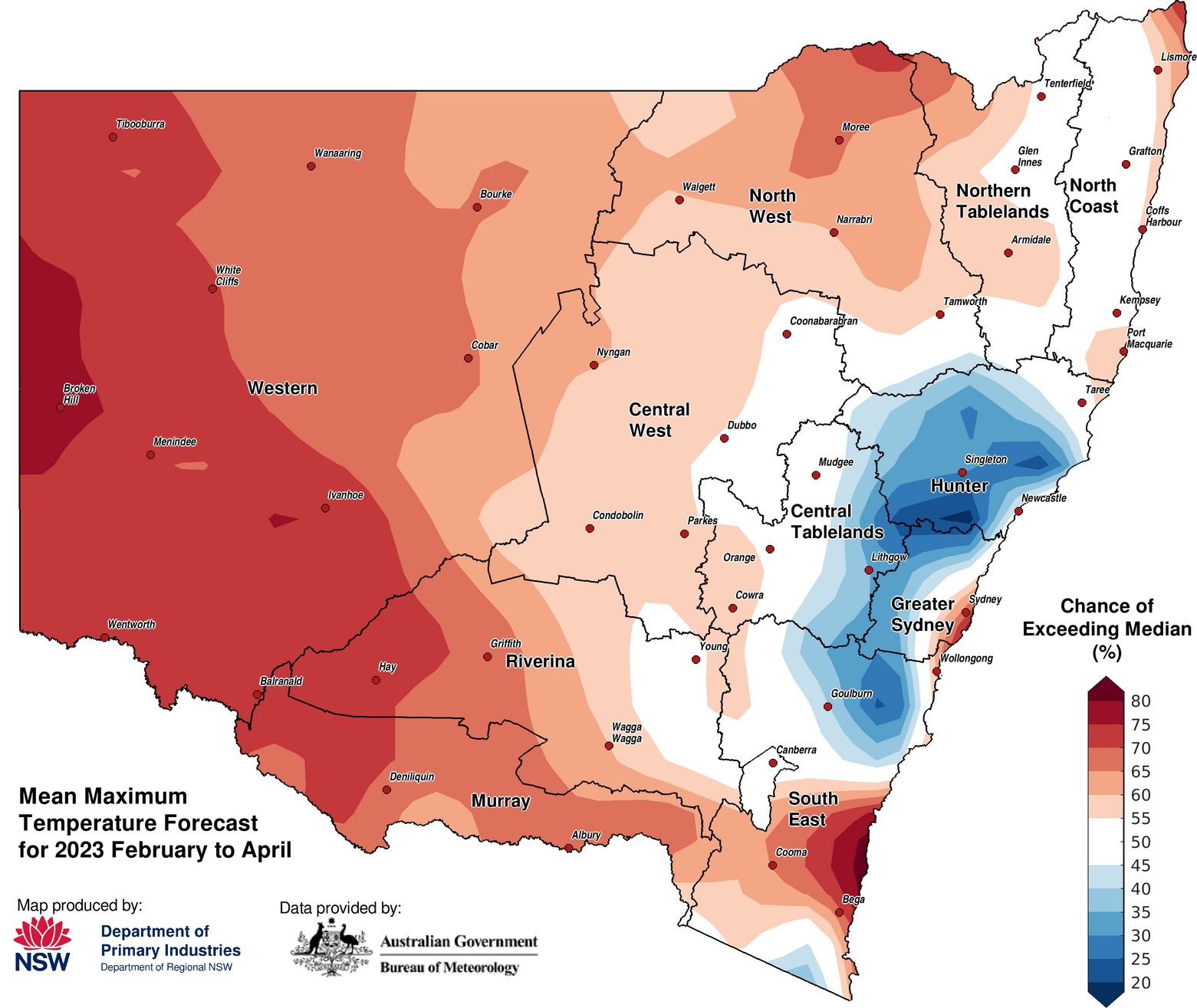 Figure 27. Seasonal average maximum temperature outlook for NSW issued on 5 January 2023