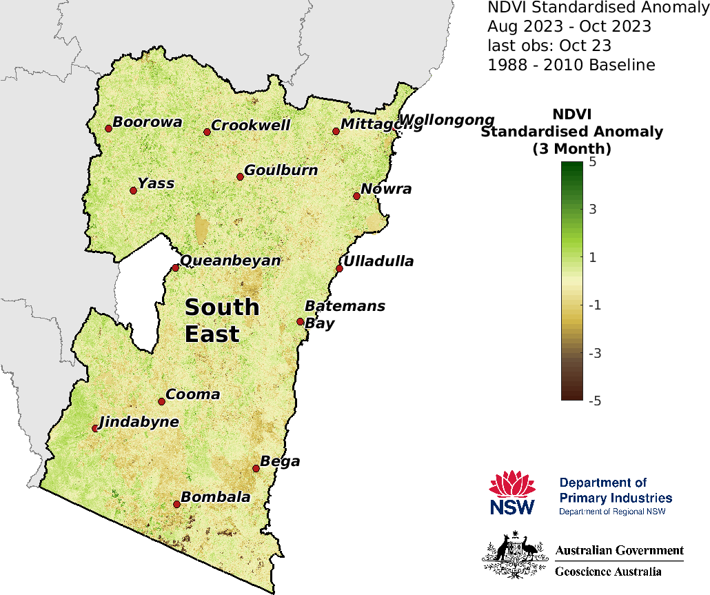 Figure 31. 3-month NDVI anomaly map for the South East region