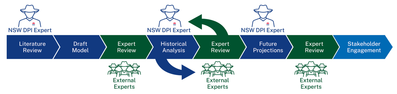 Flow chart of the engagement process for the Climate Vulnerability Assessment. There is a NSW DPI figure at the start of the diagram to symbolise the Literature review. The Process then moves to draft model, and then to expert review where an external expert symbol is displayed. The process then iterates between NSW DPI historical analysis which is reviewed by experts. Future projections are then run by the NSW DPI Climate Team which the external experts review, and the final part of the image is stakeholder engagement which symbolises the end of the engagement process.