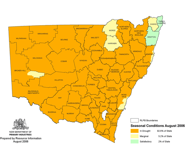 Map showing areas of NSW suffering drought conditions as at August 2006