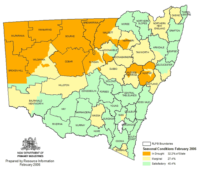 Map showing areas of NSW suffering drought conditions as at February 2006