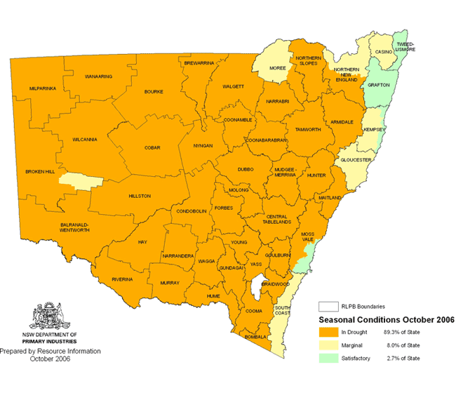 Map showing areas of NSW suffering drought conditions as at October 2006