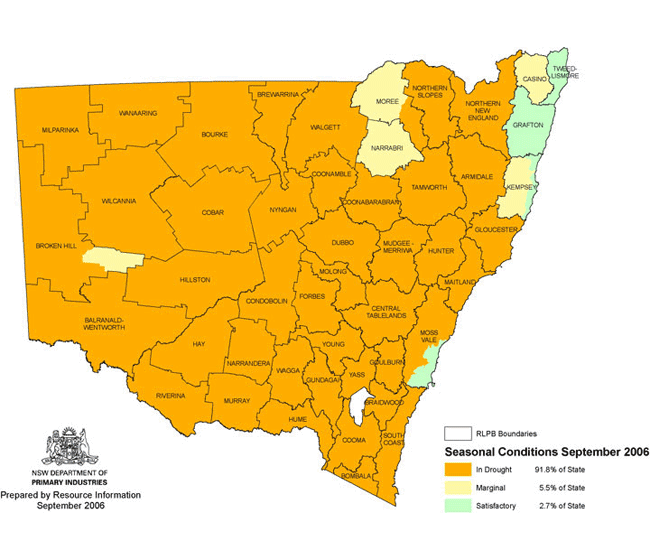 Map showing areas of NSW suffering drought conditions as at September 2006
