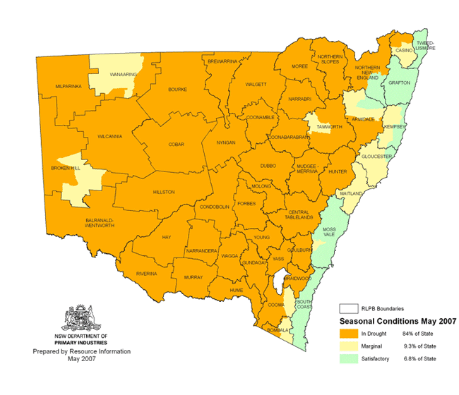 Map showing areas of NSW suffering drought conditions as at May 2007