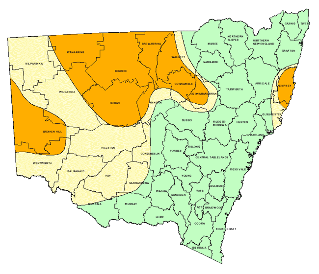 Map showing areas of NSW suffering drought conditions as at January 2002
