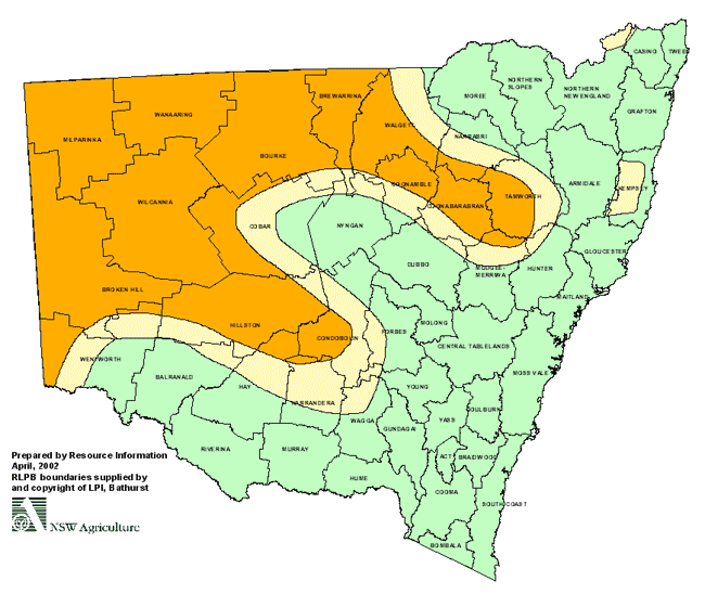 Map showing areas of NSW suffering drought conditions as at April 2002