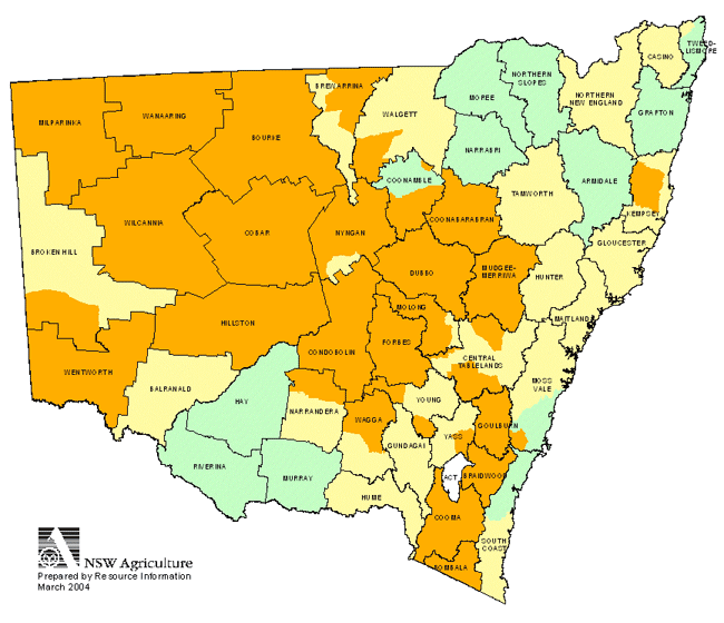 Map showing areas of NSW suffering drought conditions as at March 2004